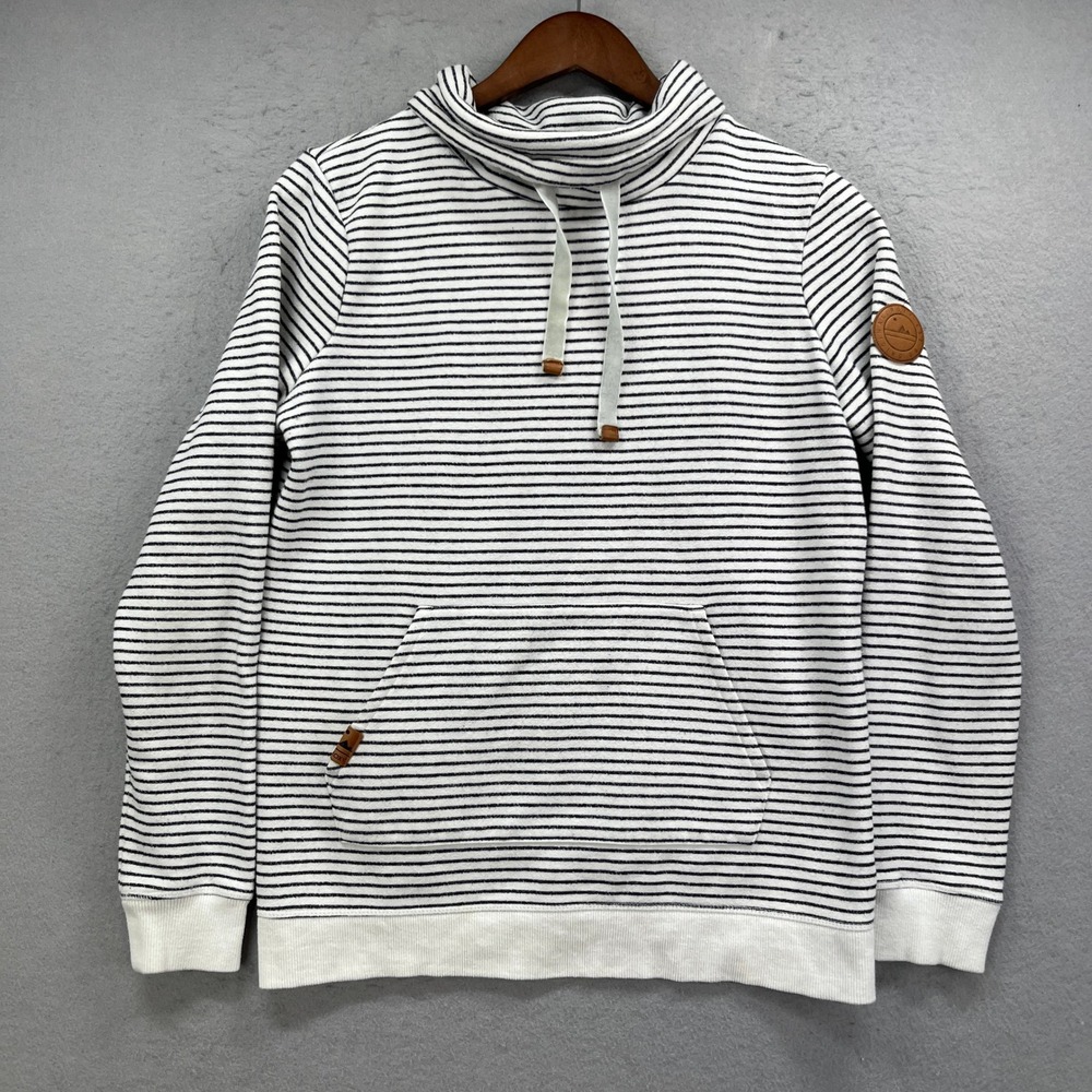 Roxy Pullover Hoodie Womens Medium White Striped Funnel Neck Wrap Back Coastal